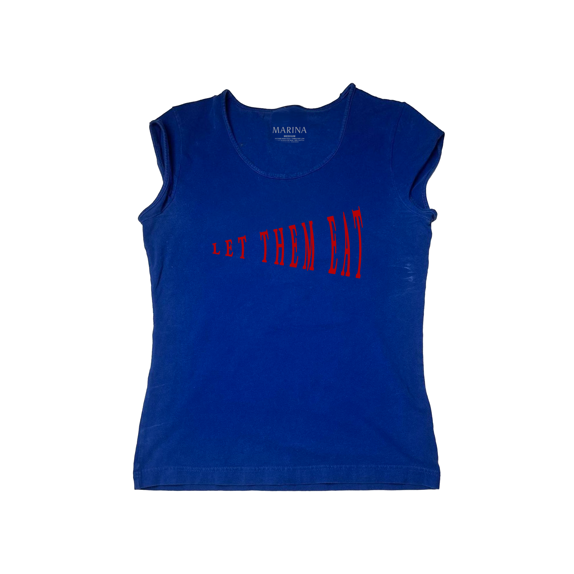 Blue t-shirt with Red Let Them Eat front print